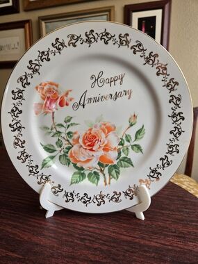 Happy Anniversary Decorative Porcelain Plate with Orange Rose Motif